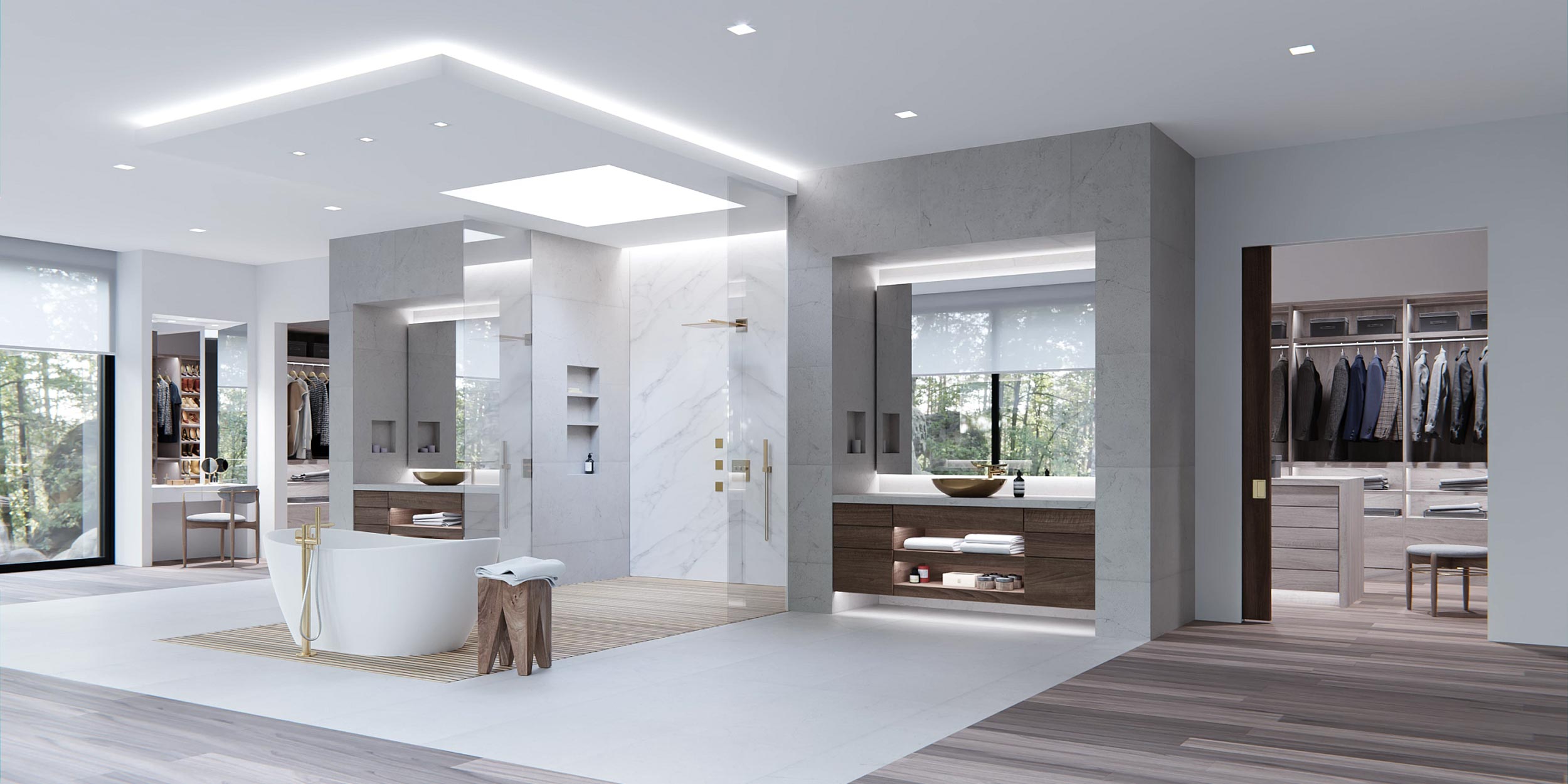 white modern bathroom with lutron lighting and technology