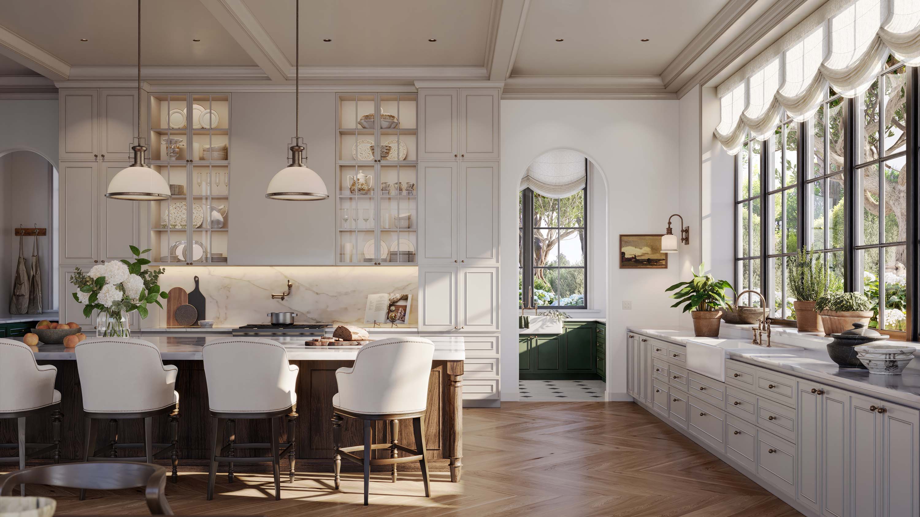 french spanish kitchen with neutrals and lutron technology