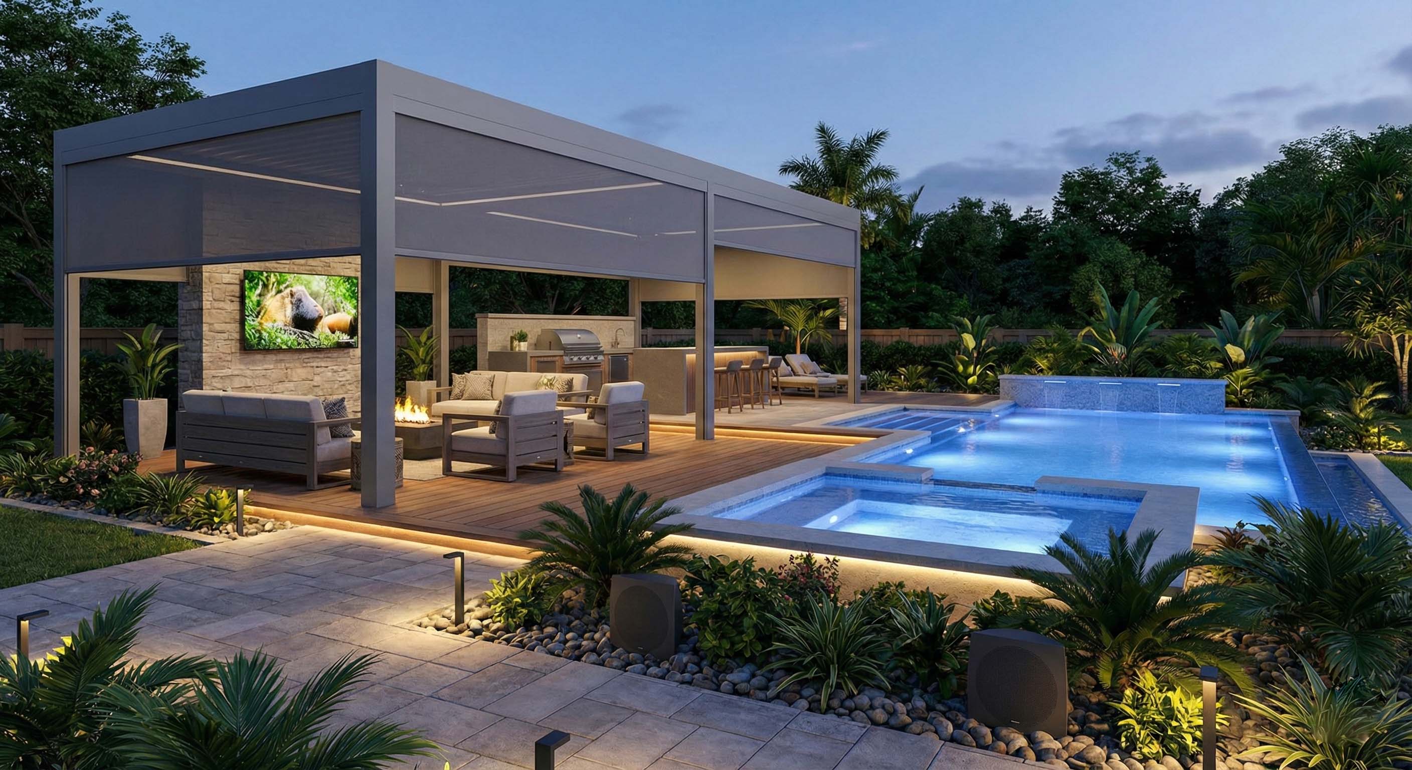 outdoor area of a southern home with tropical plants