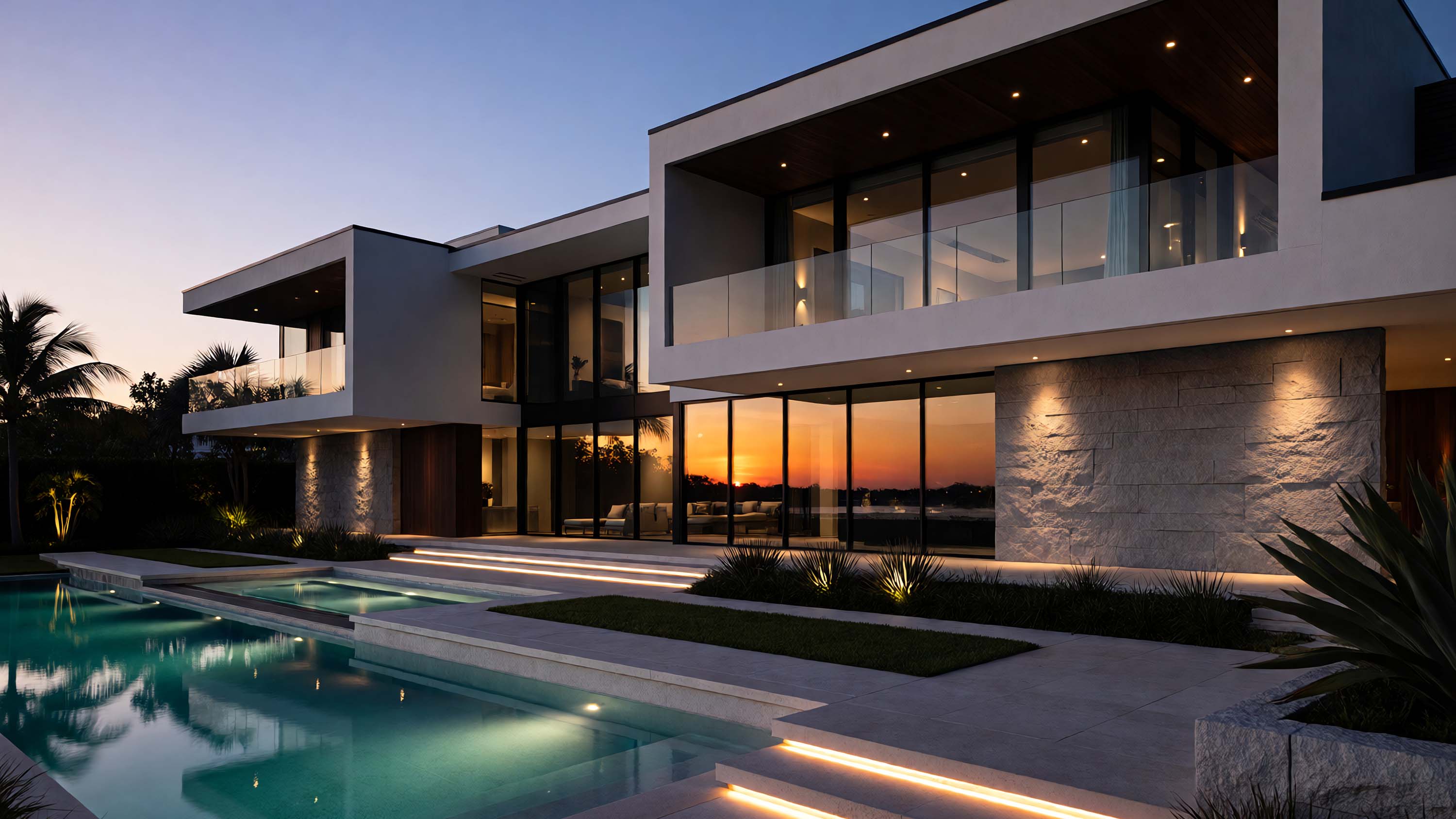 Modern two-story home with path lighting, smart lock, cameras, and a pool in view