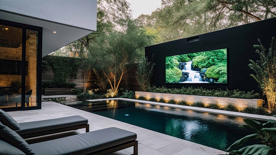 Large video wall on an outdoor wall next to a lush green pool area.